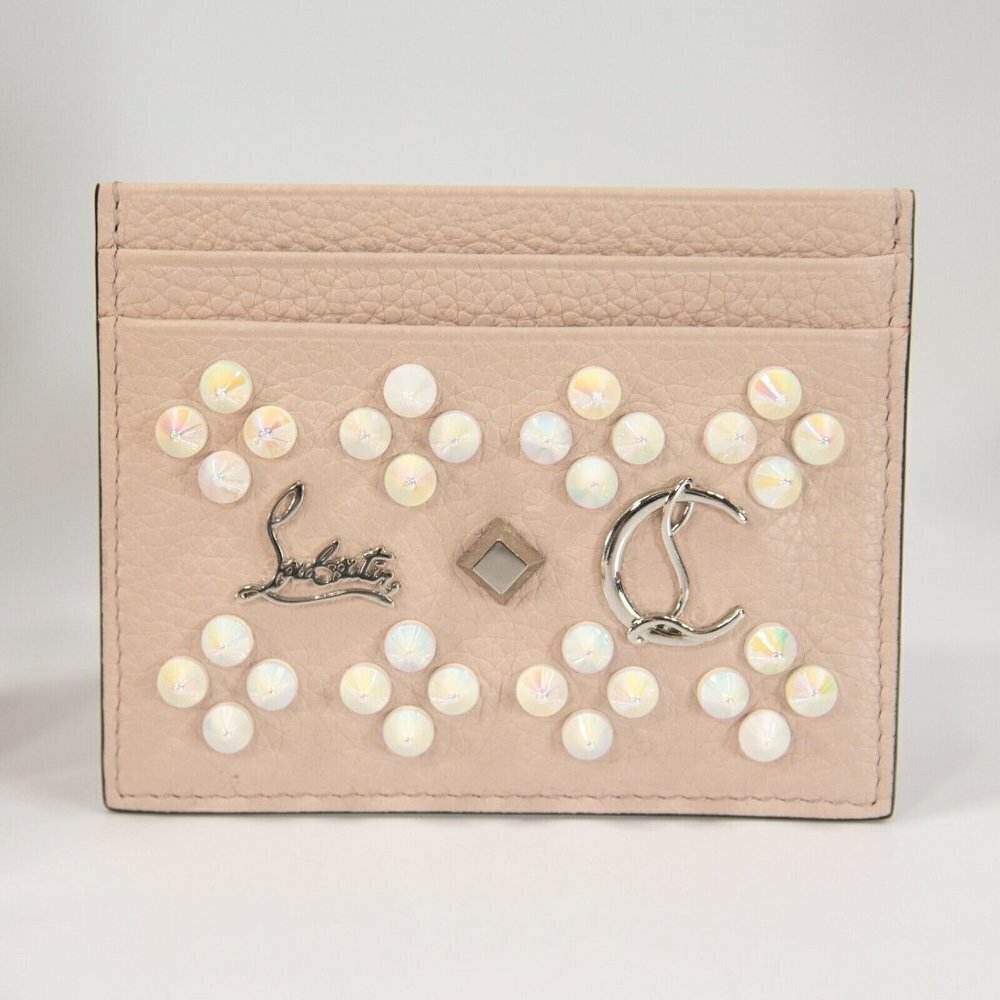 Christian Louboutin Kios Iridescent Studded Pink Leather Card Case Wallet NWT